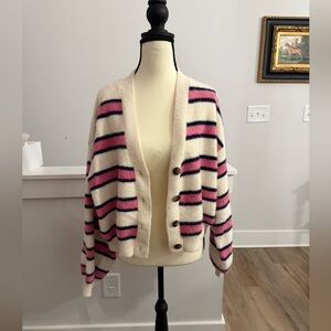 NWOT POL Navy & Pink Striped Sweater Cardigan - size Small
